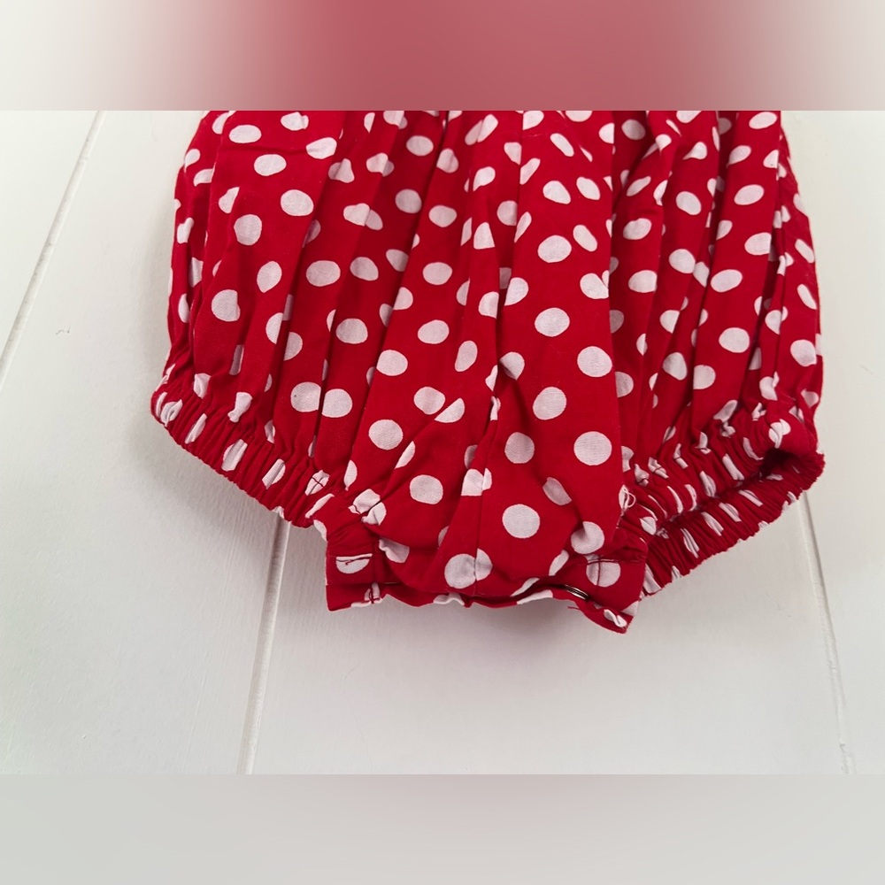 Pleats & Stitches Mouse Ears Smocked Romper Red Polka Dot Minnie Bubble 6 Months - Picture 12 of 15